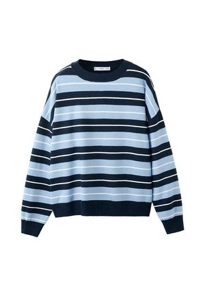 Pulover z dolgimi rokavi in okrolim izrezom z vodoravnimi črtami v odtenkih temno modre, svetlo modre in bele.