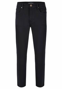 Pantalons bleu marine avec une coupe droite, fabriqués en coton extensible, dotés de quatre poches et d'une fermeture à bouton à la taille.