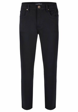 Marineblaue Hose mit geradem Schnitt, hergestellt aus einem dehnbaren Baumwollgemisch, mit vier Taschen und einem Knopfverschluss in der Taille.