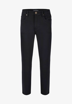Marineblauwe broeken met een rechte pasvorm, gemaakt van een rekbare katoenmix, met vier zakken en een knoopsluiting bij de taille.