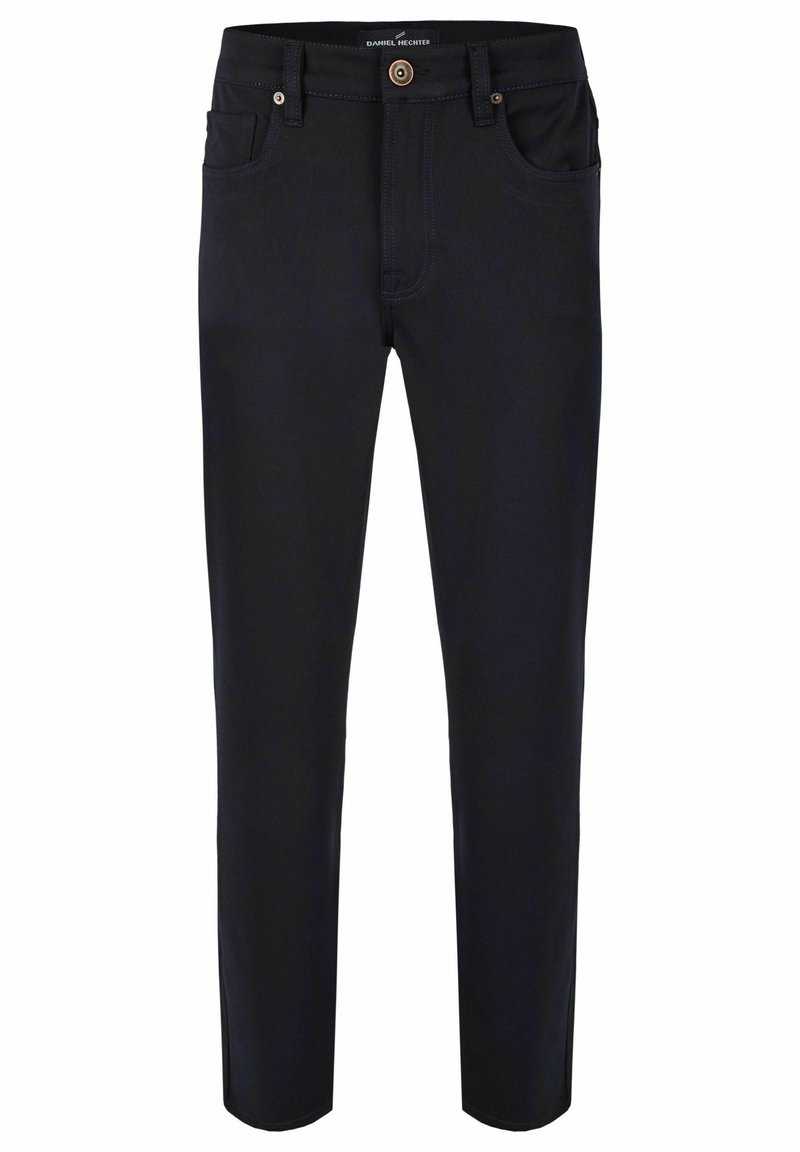Pantalons bleu marine avec une coupe droite, fabriqués en coton extensible, dotés de quatre poches et d'une fermeture à bouton à la taille.