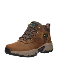Bruine leren wandelschoenen met een hoge enkel, gestructureerde stof, metalen oogjes en een robuuste rubberen zool met diepe profielen.