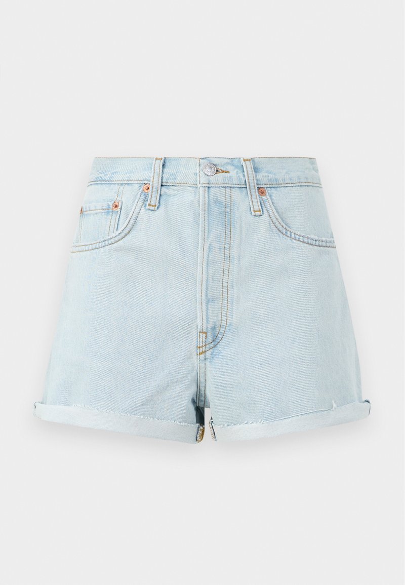 Lichtblauwe denimshorts met een hoge taille, omgeslagen zomen, koperen klinknagels en een ritssluiting aan de voorkant. Heeft een klassieke vijf-pocketstijl.