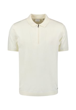 Polo shirt in lichtcrème, korte mouwen, ribbelkraag, halve ritssluiting aan de voorkant. Zacht textuur met een aansluitend ontwerp en een klein logo-detail aan de zoom.