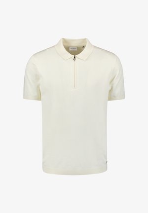 Polo shirt in lichtcrème, korte mouwen, ribbelkraag, halve ritssluiting aan de voorkant. Zacht textuur met een aansluitend ontwerp en een klein logo-detail aan de zoom.