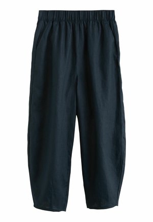Pantaloni ușori din in albastru închis, cu un brâu elastic, buzunare laterale și un design lejer, scurt. Textură netedă și material respirabil.
