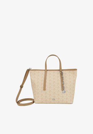 Borsa tote beige in materiale testurizzato, con un motivo sottile, due manici superiori, una tracolla rimovibile e un dettaglio a catena.