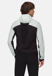 Hettejacka i ljus mintgrön och svart, med en texturerad bakpanel, blixtlåsfickor och elastiska mudd för en figurnära silhuett.