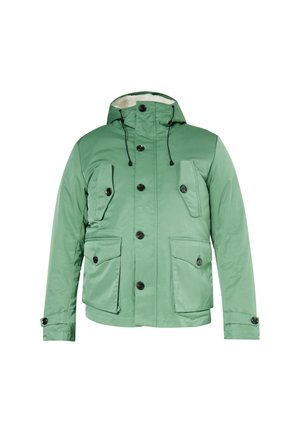 Grüne Winterjacke mit Kapuze, vorderen Knöpfen, vier Klappentaschen und verstellbaren Bündchen, auf weißem Hintergrund gezeigt.