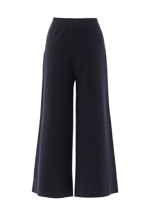 Navy weite Hosen mit glatter Textur, hohem Bund und ohne sichtbare Hardware oder Muster. Entwickelt für Komfort und Bewegungsfreiheit.