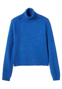 Pull à col roulé bleu à manches longues avec poignets, ourlet et col côtelés, présenté à plat sur un fond blanc.