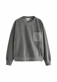 Grijze katoenen sweatshirt met een ronde halslijn, lange mouwen en een voorzak. Voorzien van ribgebreide manchetten en zoom. Gelaagde afwerking.