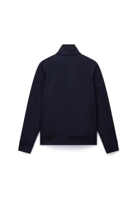 Mørkeblå sweatshirt med høj krave, lange ærmer og ribstrikkede manchetter. Glat tekstur og enkel design. Ingen synlige logoer eller mønstre.