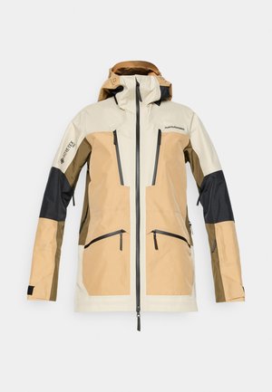 Giacca impermeabile realizzata in tessuto GORE-TEX, con un design a blocchi di colore beige, sabbia e nero, cappuccio regolabile e due tasche con cerniera.