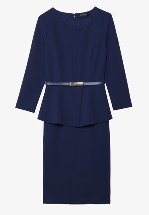Navy blue dress with long sleeves, structured peplum design, and a flat belt with a metallic accent at the waist. Smooth fabric texture.
