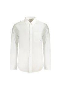 Camicia bianca a maniche lunghe, realizzata in tessuto morbido, con colletto classico, taschino davanti e un sottile logo sulla parte del petto.