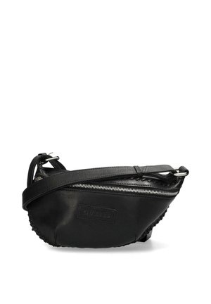 Black leather bag with a curved shape, featuring a zip closure, adjustable strap, and stitching detail along the bottom edge.