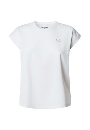 White cotton t-shirt with short sleeves and a rounded neckline, featuring a small black logo on the upper left side.