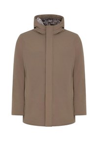 Giacca marrone chiaro con collo alto, dotata di una fodera interna morbida al tatto, tasche laterali e silhouette dritta.