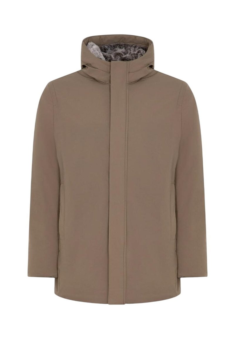 Giacca marrone chiaro con collo alto, dotata di una fodera interna morbida al tatto, tasche laterali e silhouette dritta.