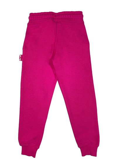 Pantaloni jogger fucsia realizzati in morbido cotone, con vita elasticizzata, caviglie a coste e una piccola etichetta a bandiera sul lato.