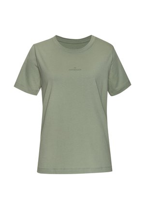 Olive green cotton T-shirt with a round neckline, short sleeves, and a small "COPENHAGEN" print on the chest. Smooth texture, casual fit.