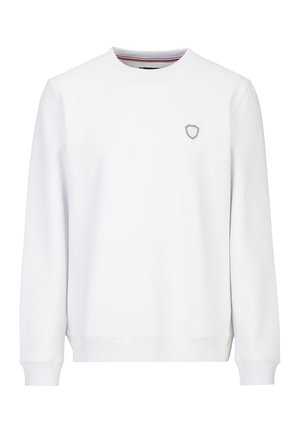 Witte trui met lange mouwen en ronde hals, voorzien van geribbelde boorden bij de mouwen en zoom, met een klein schildembleem op de linkerborst.