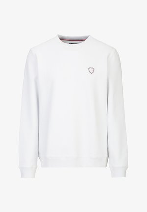 Weißes Sweatshirt mit Rundhalsausschnitt und langen Ärmeln, mit gerippten Bündchen und Saum, auf der linken Brust mit einem kleinen Schildemblem versehen.