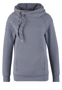 Sweat à capuche gris à manches longues avec col montant, cordons réglables, poignets et ourlet côtelés, et poches latérales discrètes.