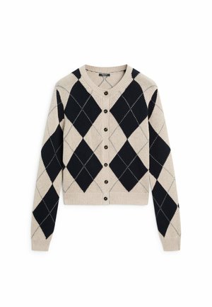Beige cardigan with black argyle diamond pattern, round neckline, and front button closure, displayed flat on a white background.