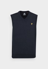 Chaleco sin mangas azul marino con diseño de escote en V y dobladillo acanalado. Presenta un pequeño logotipo de águila bordado en oro en el pecho izquierdo.