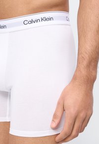 Αρσενικός κορμός και δεξί χέρι με λευκά μποξεράκια Calvin Klein με το λογότυπο στη ζώνη μέσης, σε απλό φόντο.