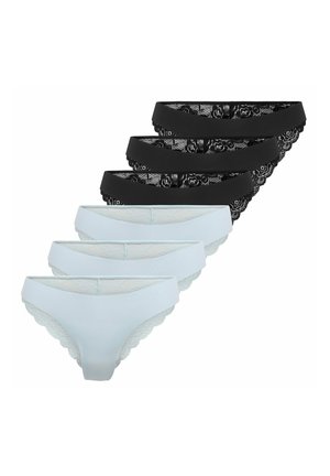 Tres braguitas de bikini negras y tres azul claro para mujer con encaje, dispuestas en dos filas superpuestas.