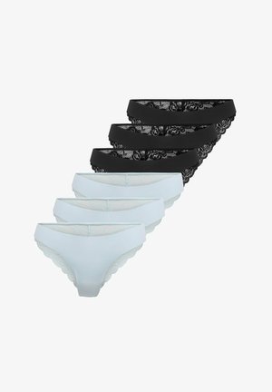 Drie zwarte en drie lichtblauwe damesbikini's met kantafwerking, gerangschikt in twee overlappende rijen.