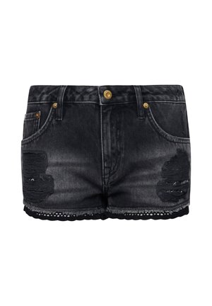 Shorts de mezclilla negra con parches desgastados, botones de hardware dorados y detalle de dobladillo en forma de ondas. Cuenta con bolsillos delanteros y un acabado desgastado.
