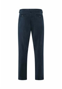 Donkerblauwe corduroy broek met een rechte pijpdesign, voorzien van twee achterzakken met knopen en een gestructureerde stofoppervlak.