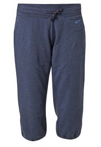 Tmavě modré sportovní kalhoty z měkké, elastické látky. Mají elastický pas se stahovací šňůrkou, zužující se manžety a boční kapsy.