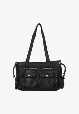 Borsa a mano in pelle nera con due tasche anteriori, chiusura con zip e doppi manici. Presenta una finitura texturizzata e dettagli in metallo argentato.