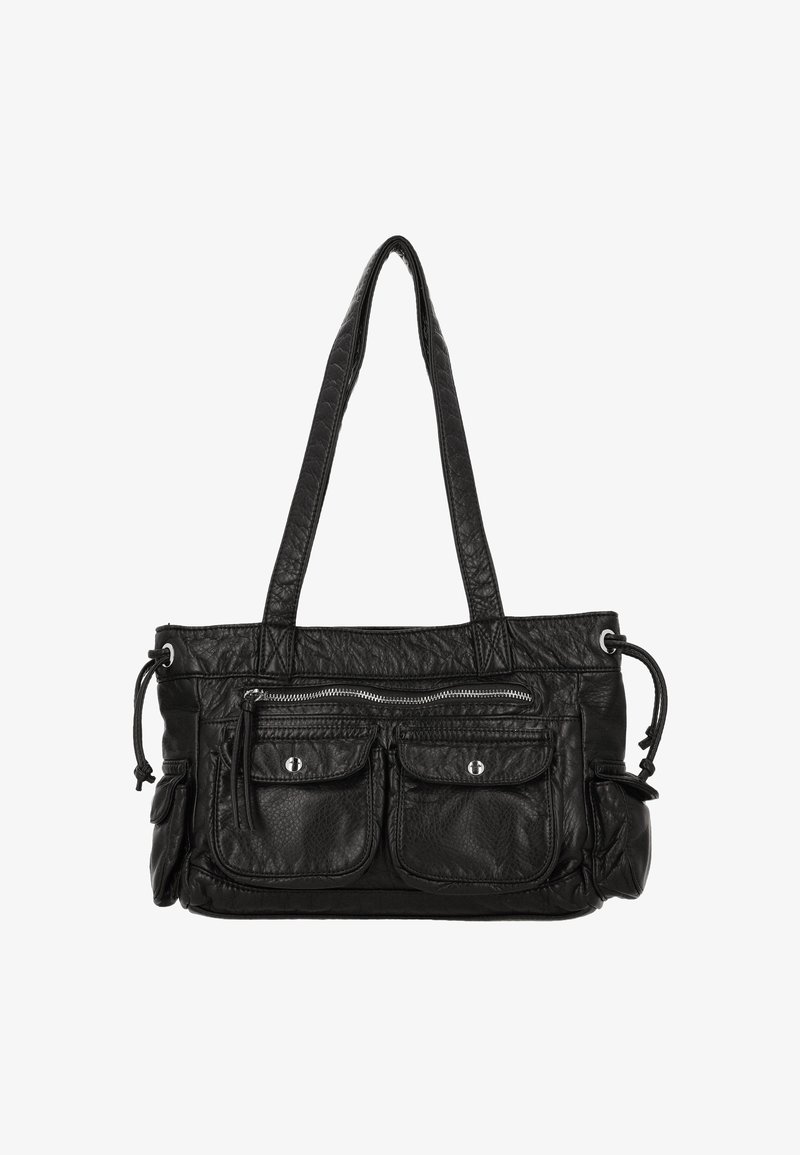 Czarna skórzana torebka z dwoma przednimi kieszeniami, zamkiem błyskawicznym i podwójnymi uchwytami. Charakteryzuje się teksturowanym wykończeniem i srebrnymi elementami metalowymi.