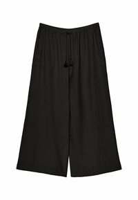 Zwarte wijde broek van gestructureerde stof. Voorzien van een elastische tailleband met trekkoord en twee zijzakken.