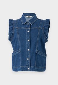 Ermeløs denimvest i mørkeblå med volanger ved skuldrene, fem perleknapper, to frontlommer og en klassisk kragedesign.
