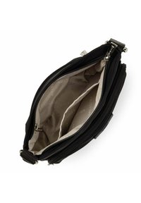 Borsa a tracolla nera con zip, dal rivestimento esterno liscio e foderatura interna testurizzata. Presenta più scomparti e finiture in tono argento.