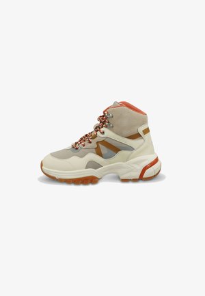 High-top sneaker in beige and gray with orange accents. Features a textured suede upper, contrasting laces, and rugged rubber sole.