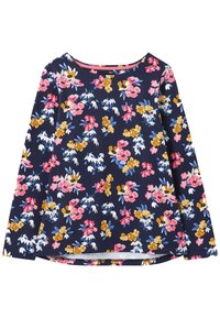 Námořnické tričko s dlouhým rukávem a květinovým potiskem v růžové, žluté a modré barvě. Hladký materiál, kulatý výstřih a mírně zakřivený spodní lem.