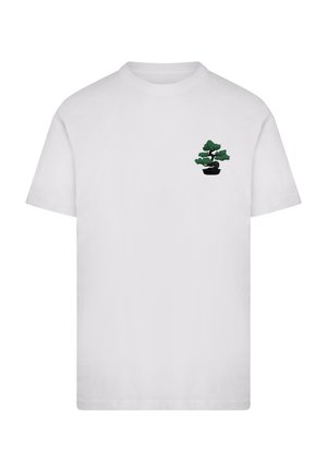 White short-sleeve T-shirt with a small green bonsai tree graphic on the upper left chest area.