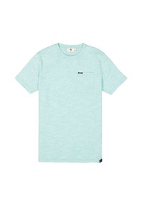 Camiseta de color verde menta claro con cuello redondo, mangas cortas y un bolsillo en el lado izquierdo del pecho. La tela tiene una sutil textura jaspeada.