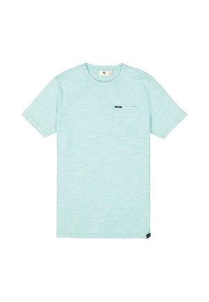 Camiseta de color verde menta claro con cuello redondo, mangas cortas y un bolsillo en el lado izquierdo del pecho. La tela tiene una sutil textura jaspeada.