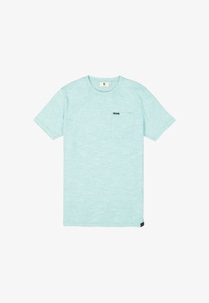 Licht mintgroene t-shirt met een ronde hals, korte mouwen en een linkse borstzak. De stof heeft een subtiele gemêleerde textuur.