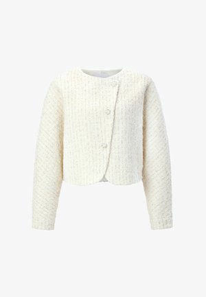 Valge tekstuuriga jakk lühendatud lõikega, ümar kaelus ja kaks dekoratiivset nuppu. Omadused hõlmavad kootud kangast, millel on peen muster.