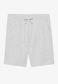 Light grey cotton shorts with an elastic waistband, drawstring closure, and side pockets. Smooth texture, above-knee length.